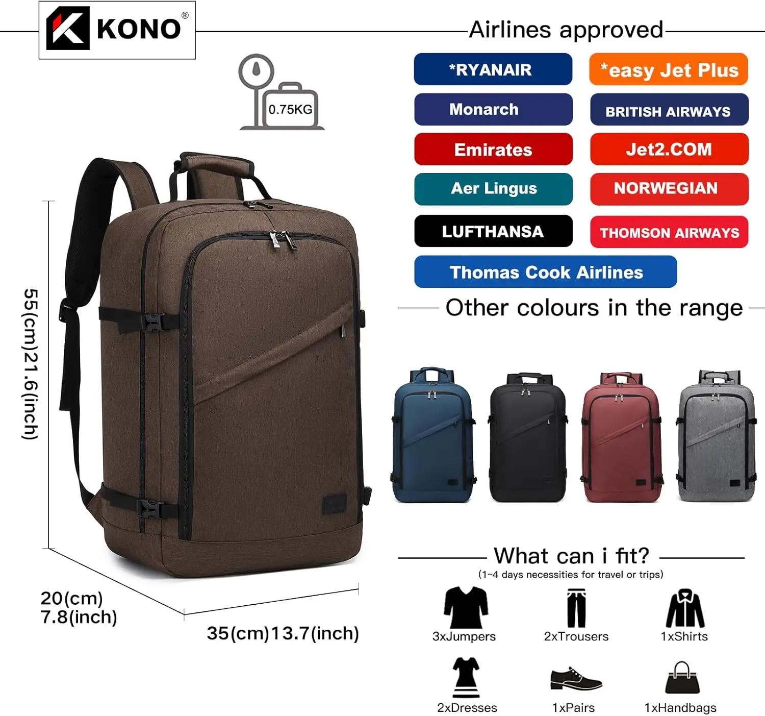 Sac à dos de voyage KONO 38L homologué pour le transport aérien, 55x35x20cm, sac à main multifonctio