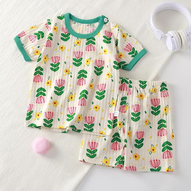 T-shirt à manches courtes imprimé dessin animé mignon pour enfants, pyjamas pour tout-petits, ensemb