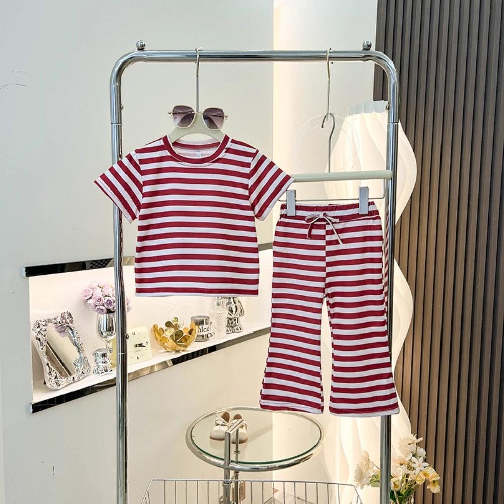 Costume rayé à la mode et tendance pour filles, T-shirt à manches courtes + pantalon évasé à cordon 
