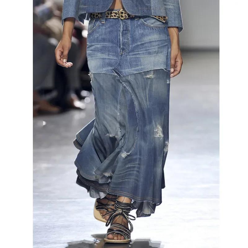 Jupe longue en jean Denim pour femme, agreLENMOS, vintage, adt, slim fit, bleu, club, streetwear, co