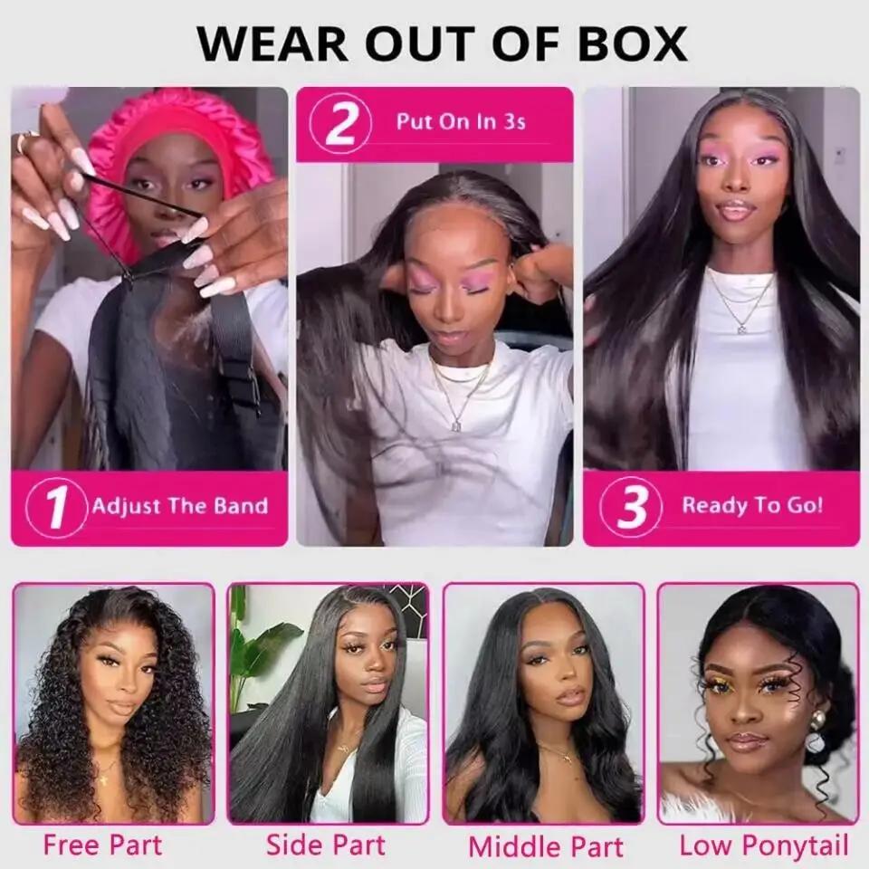 Perruque de cheveux humains droite sans colle pour femmes noires, perruque de fermeture en dentelle 