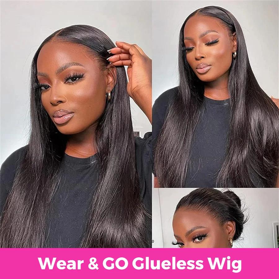 Perruque de cheveux humains droite sans colle pour femmes noires, perruque de fermeture en dentelle 
