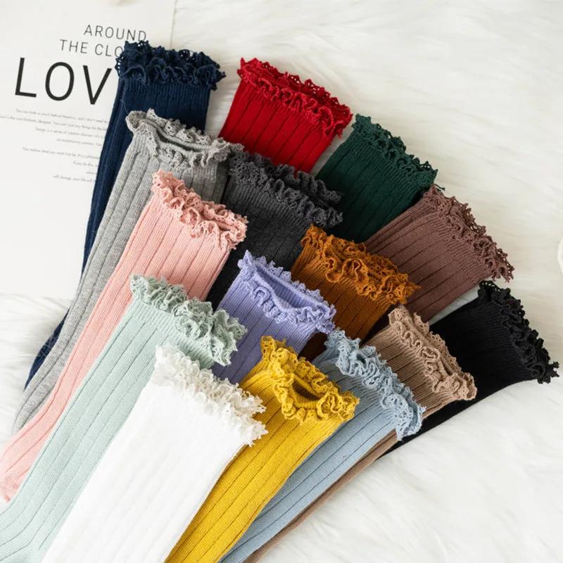 Chaussettes hautes à volants pour enfants, chaussettes longues en coton doux pour tout-petits, unifo