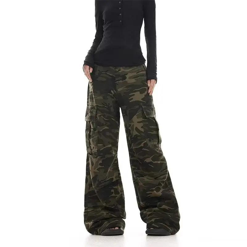 Pantalon de travail camouflage au design délavé rétro américain pour hommes et femmes, jambe droite 