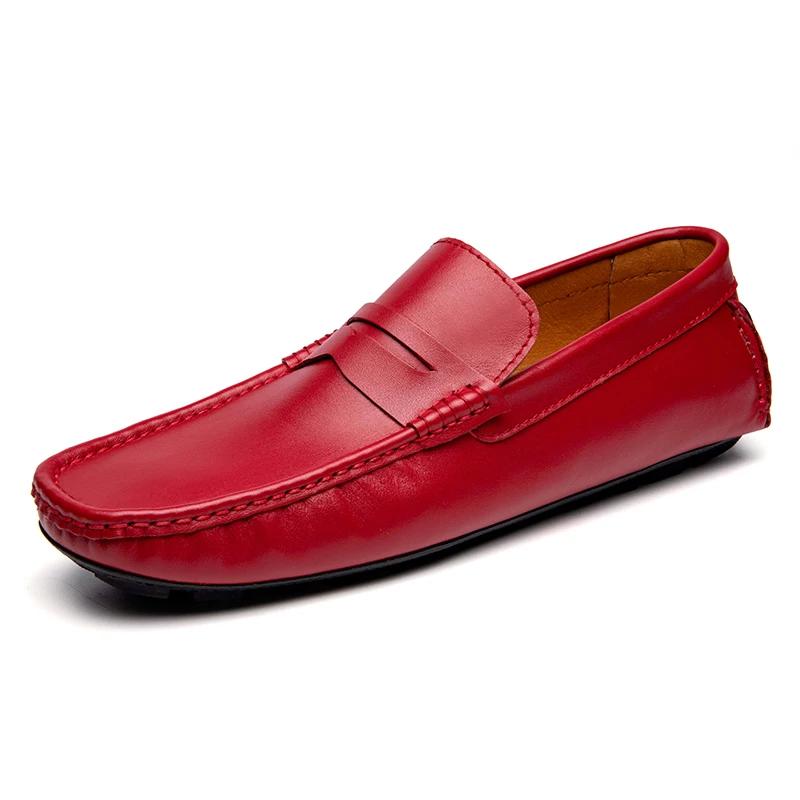 Mocassins rouges en cuir véritable pour hommes, chaussures décontractées à enfiler, cuir naturel, cr