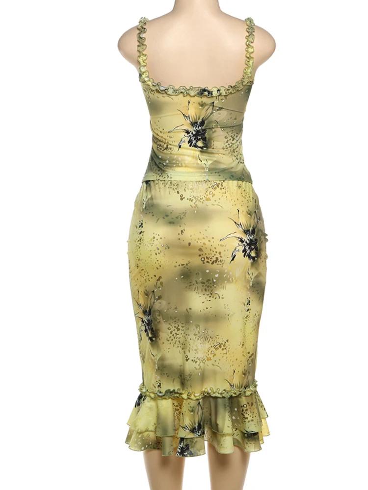 Ensemble 2 pièces transparent pour femmes, chat bizarre, Y2K, volants, Patchwork, Camisole + jupes à