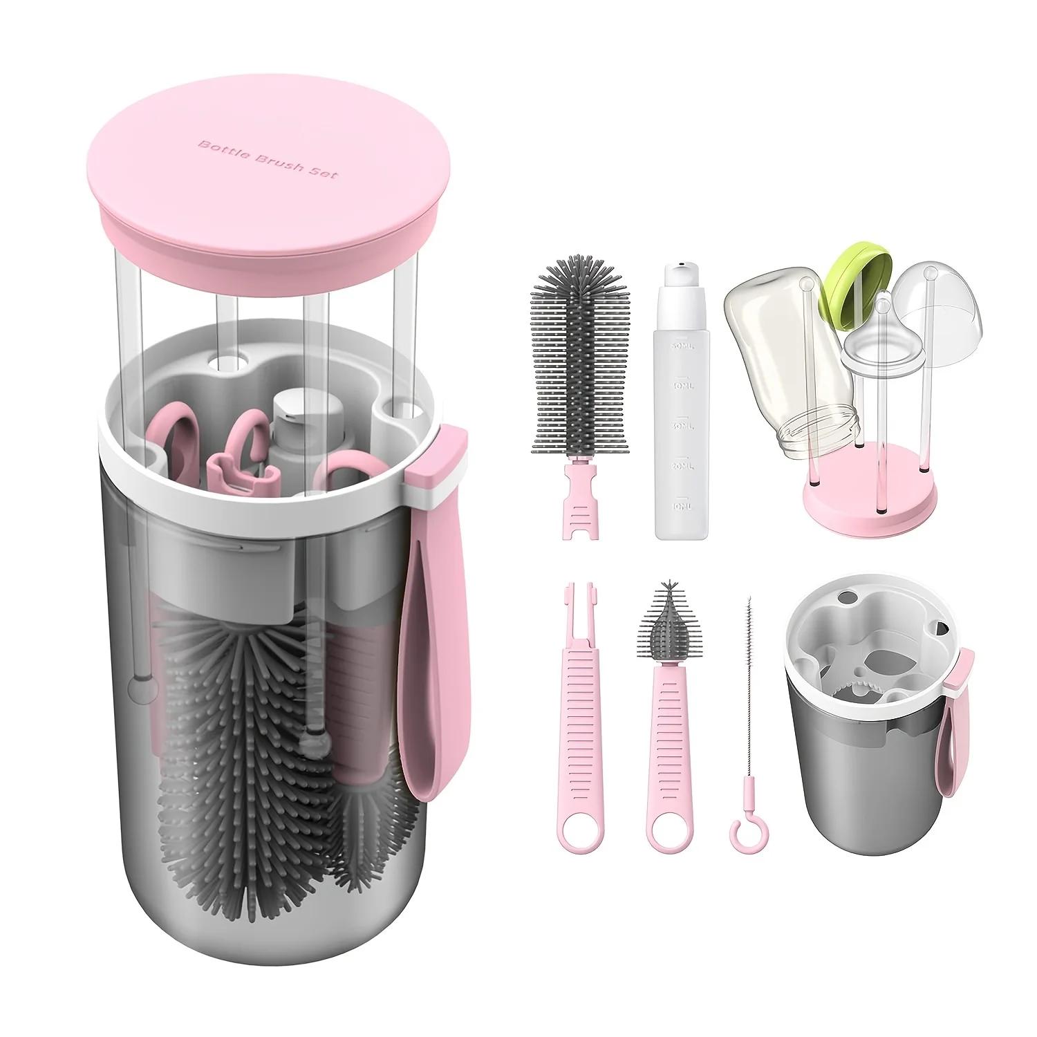Ensemble de brosses à bouteilles ortable, matériau ABS, avec brosses en silicone, égouttoir et acces
