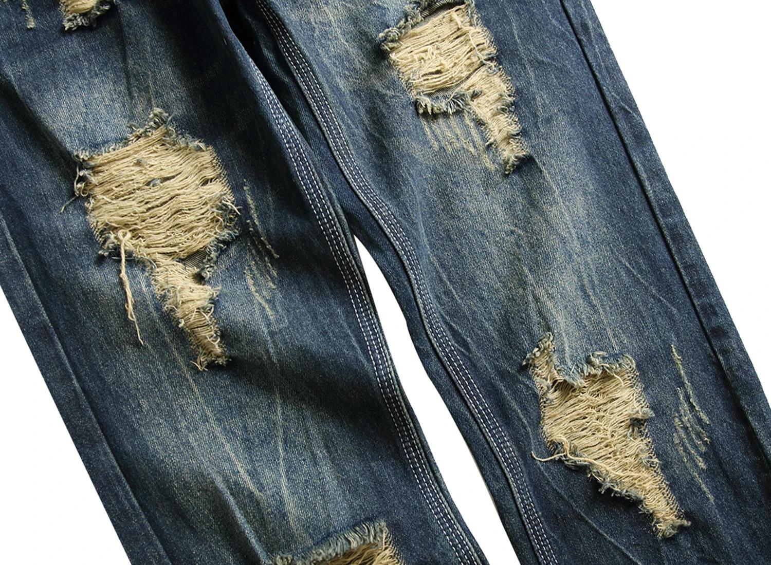 Jeans en denim bleu foncé pour hommes avec trous, ceinture avec coupe droite et non commandée, jeans