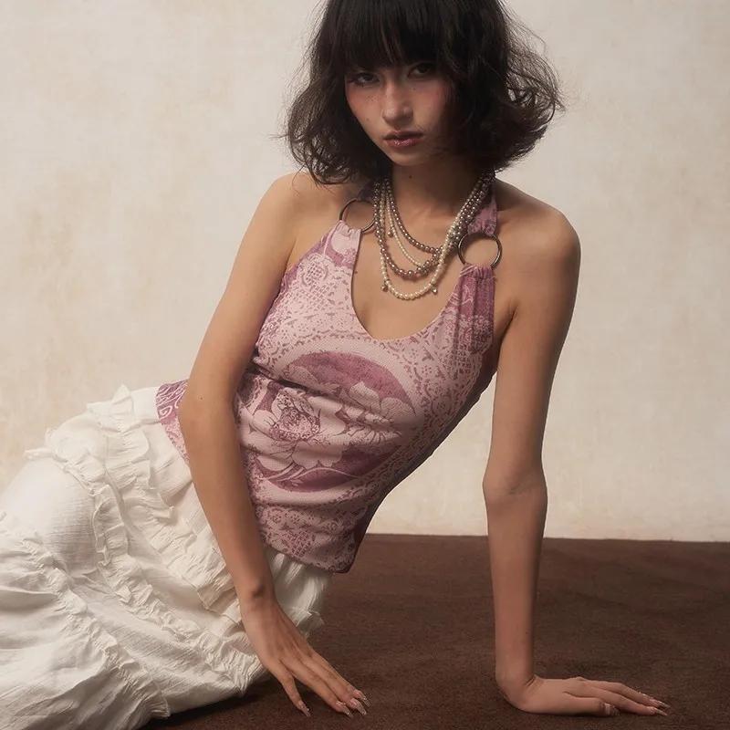 Karrcat-Camisole à imprimé fleuri rétro des années 2000, haut violet précieux, licou japonais Y2k, e