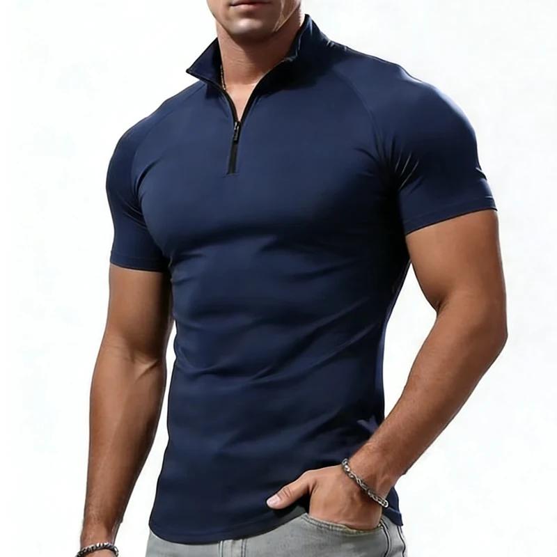 T-shirt de compression pour homme, col zippé, été, hauts décontractés, fitness, gym, coupe ajustée,