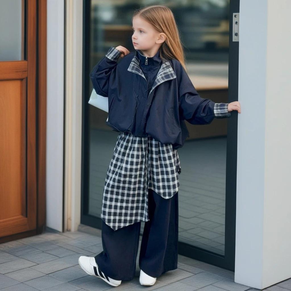 Ensemble de tenues de printemps pour filles, veste à carreaux, ourlet superposé, pantalon à jambes l