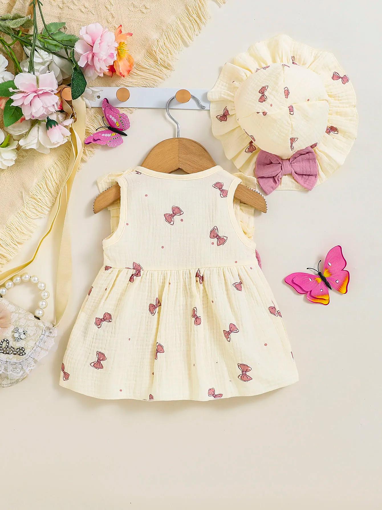 Robe bébé fille 0-9 mois 2 pièces avec chapeau - Imprimé nœud col rond volants nouveau-né