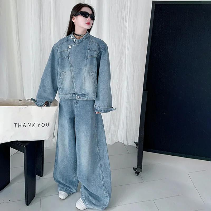 Ensemble de vêtements en Denim pour adolescentes, veste bleue + jean à jambes larges, 2 pièces, tenu