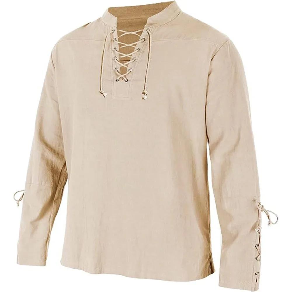 Chemises à manches longues pour hommes, à lacets, col en v, manchette, Pirate médiéval, Streetwear, 