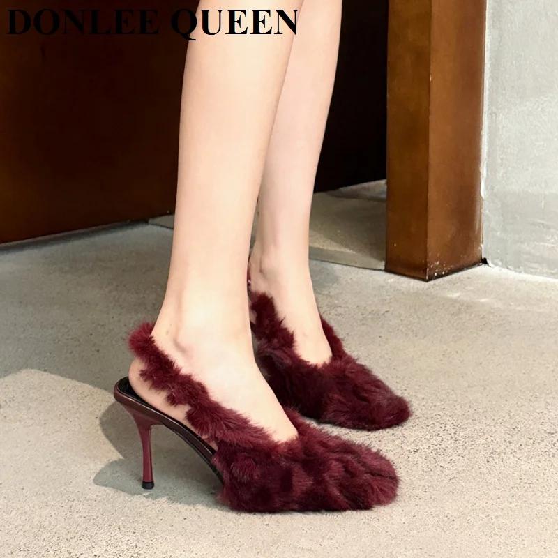 Sandales pointues à bride arrière pour femmes, chaussures à talons hauts, conception de fourrure à e