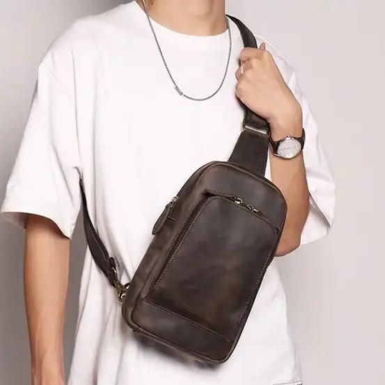 Sac à bandoulière en cuir véritable pour hommes, sac de poitrine vintage, sac de jour à bandoulière,