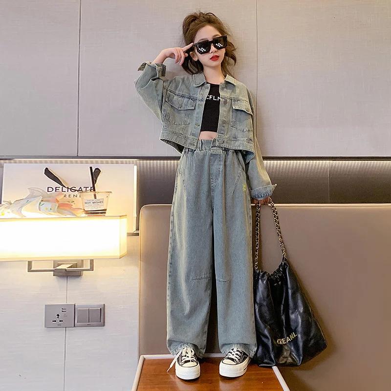 Filles manteau + pantalon enfants costumes 2 pièces/ensemble coton 2025 Cool Jean printemps automne 