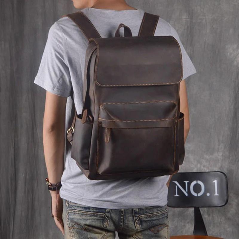 Sac à Dos Vintage en Cuir de Cheval pour Homme, Grande Capacité, 15.6 Pouces, pour Ordinateur Portab