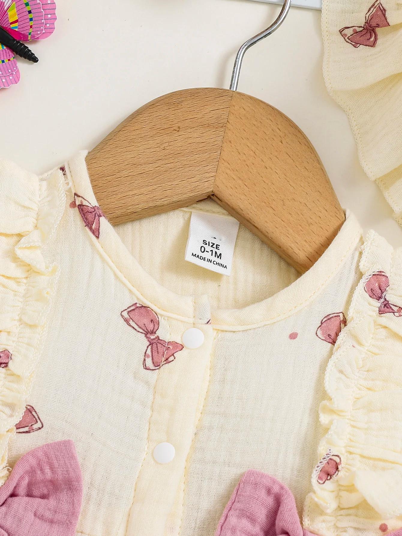 Robe bébé fille 0-9 mois 2 pièces avec chapeau - Imprimé nœud col rond volants nouveau-né