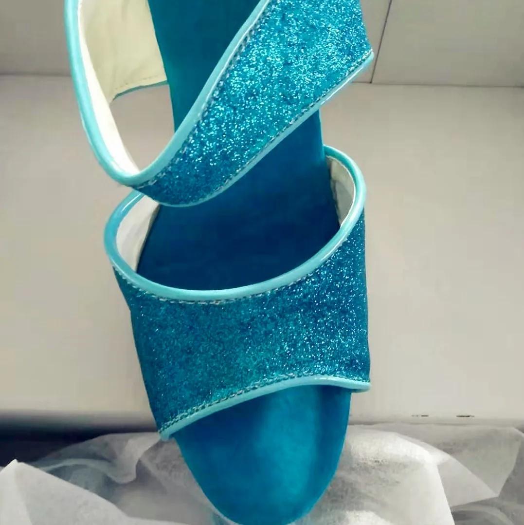 Talons hauts de 13cm, sandales sexy à paillettes bleues pour modèles de boîtes de nuit, pantoufles d