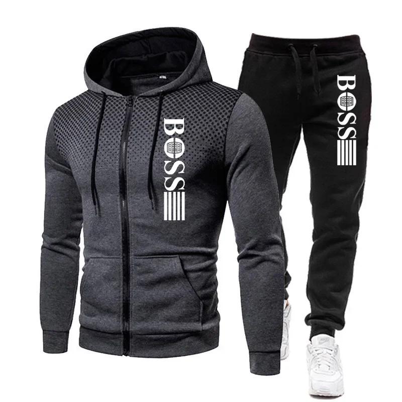 Ensemble deux pièces à capuche et pantalon décontracté pour homme, vêtement de sport chaud et fitnes