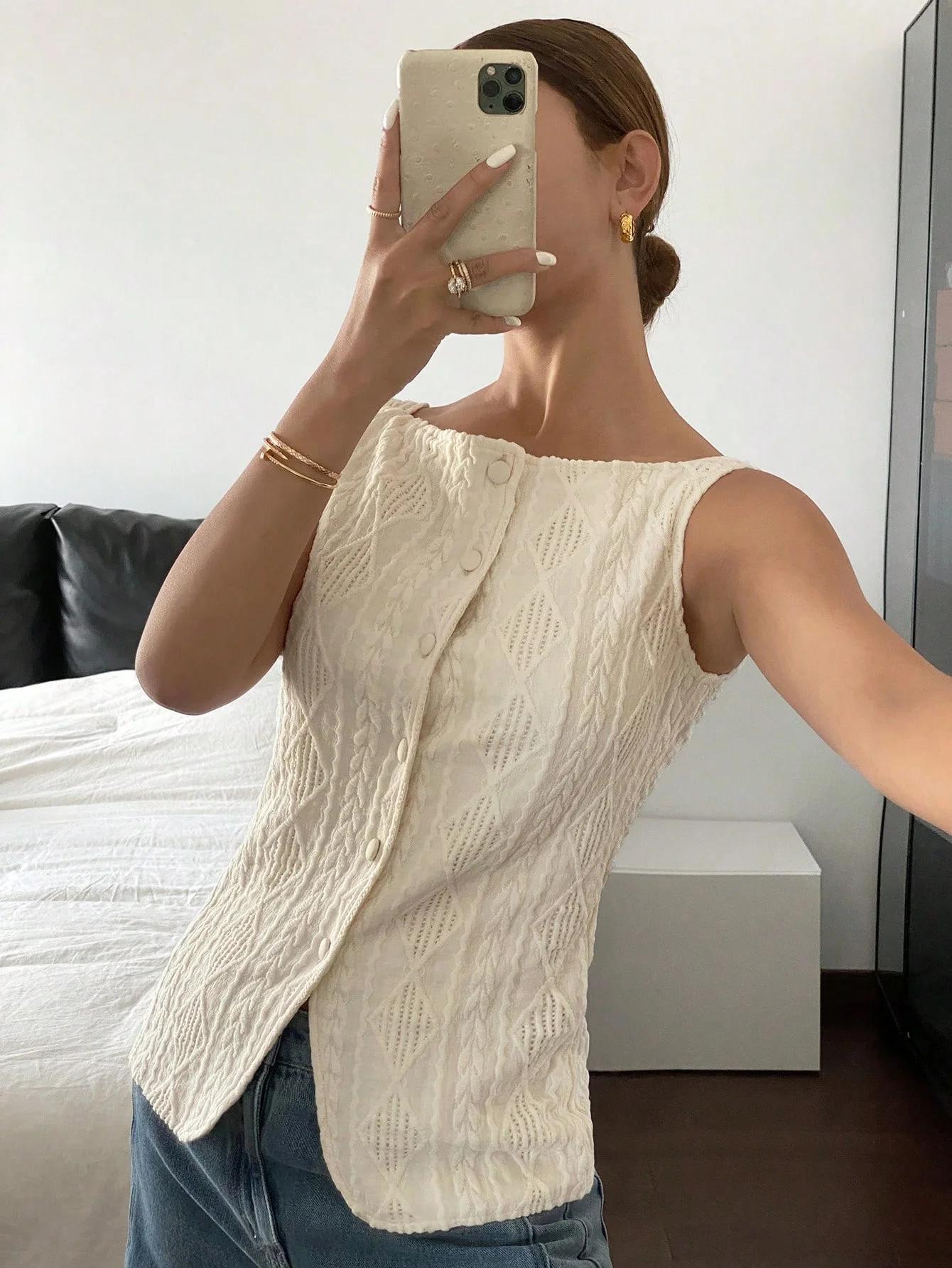 Chemise d'été décontractée sans manches pour femmes, texture géométrique, simple boutonnage