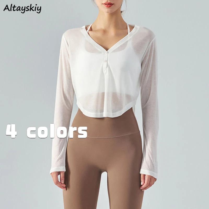 T-shirt à manches longues et col en v pour femme, vêtement Simple et Simple, résistant au soleil