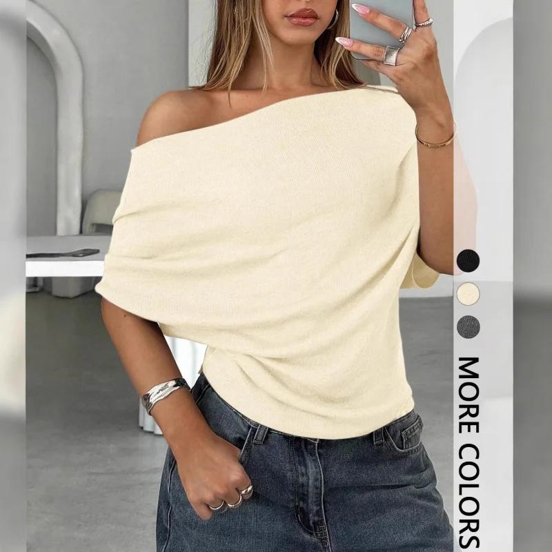 BKQU T-shirts d'été sexy à une épaule, mode slim, manches courtes chauve-souris, crop tops froncés, 