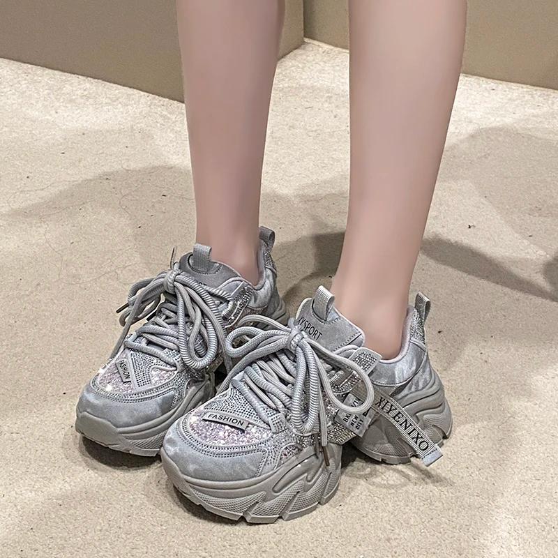 Chaussures décontractées pour femmes en cuir microfibre 6CM, nouvelles baskets épaisses à plateforme