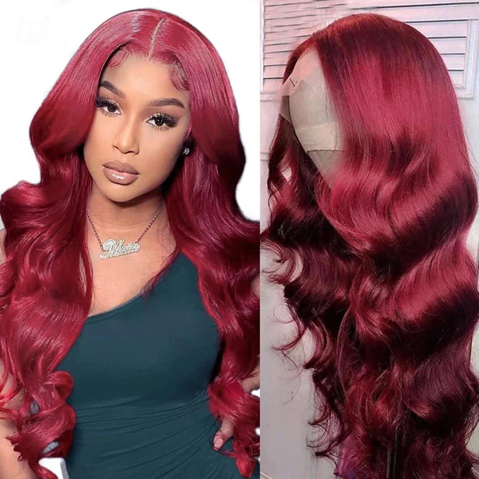 Perruque Lace Front Wig Body Wave Brésilienne Naturelle, Cheveux Humains, Bordeaux 99J, 13x6 HD, 13x