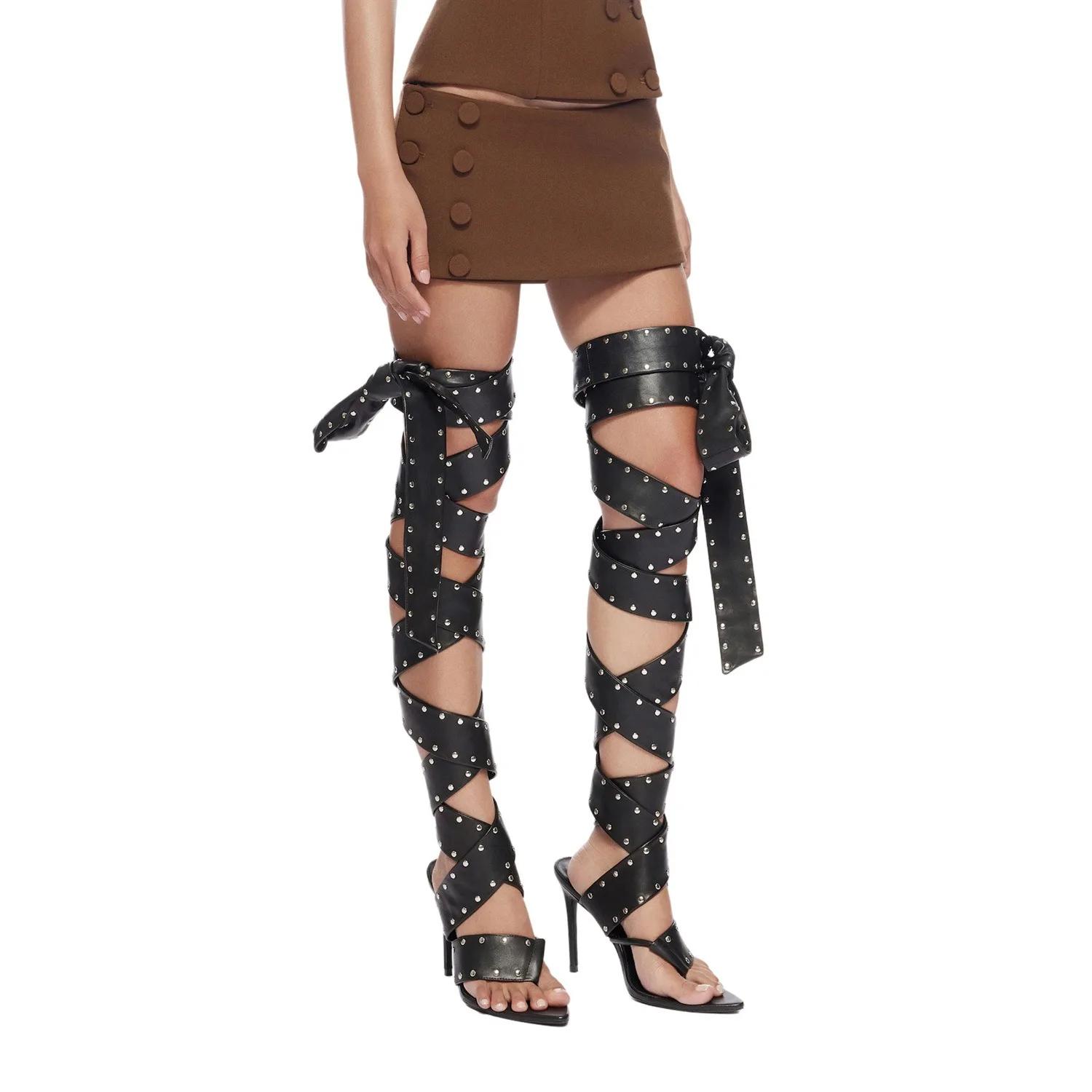 Sandales d'été à talons hauts pour femmes, à lanières à rivets, bout ouvert, fines, sexy, pour soiré