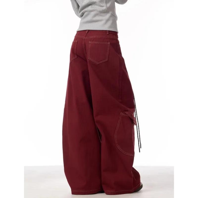 Cargo rouge jean décontracté femmes vêtements de travail pantalon ample droit jambe large pantalon p