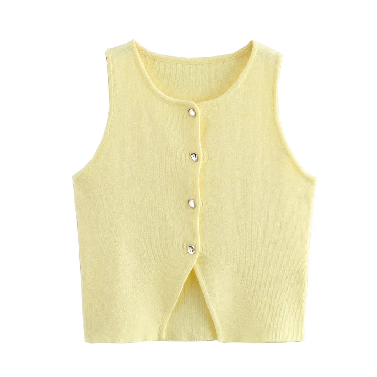 MUJER rose tricot sans manches gilet femmes recadrée pull gilet haut femmes jaune bouton gilets femm
