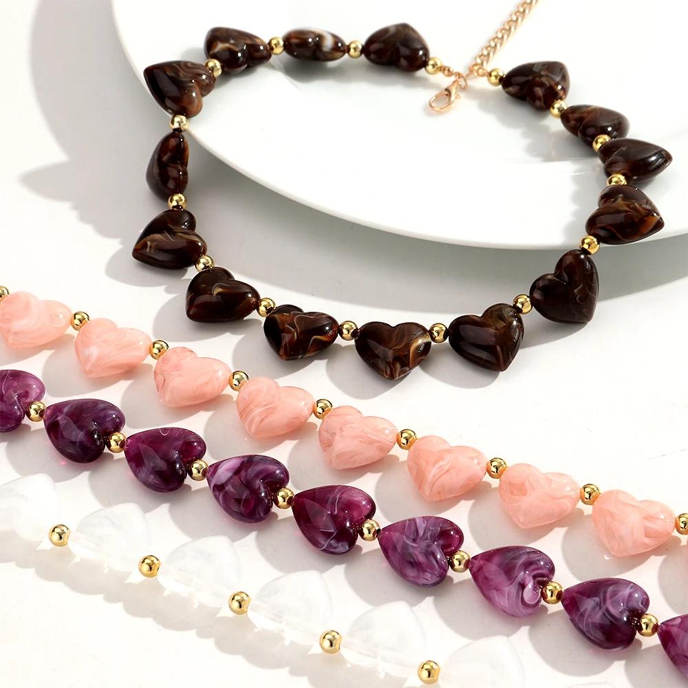 Collier ras du cou en perles de cœur en acrylique pour femmes, mignon, en résine géométrique en form