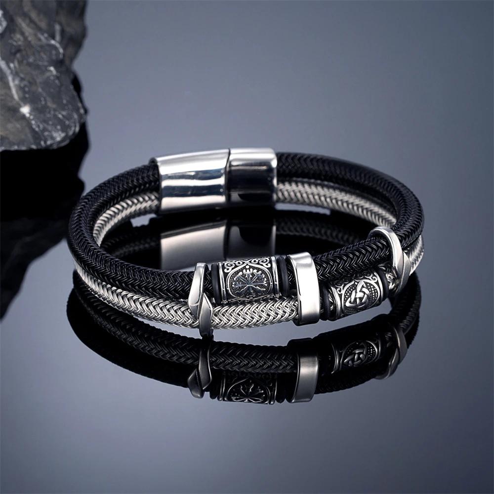 Vikings Runes Double couche Bracelet pour hommes en acier inoxydable câble métallique nordique Triqu