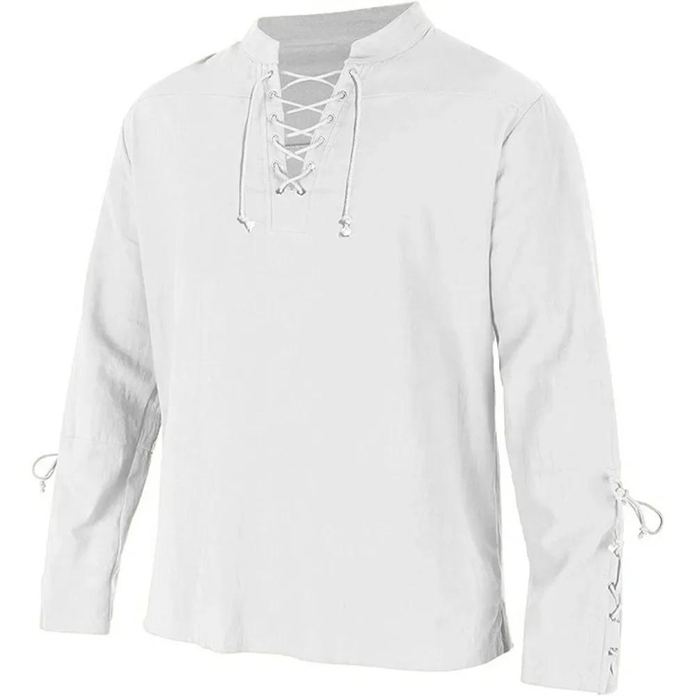 Chemises à manches longues pour hommes, à lacets, col en v, manchette, Pirate médiéval, Streetwear, 
