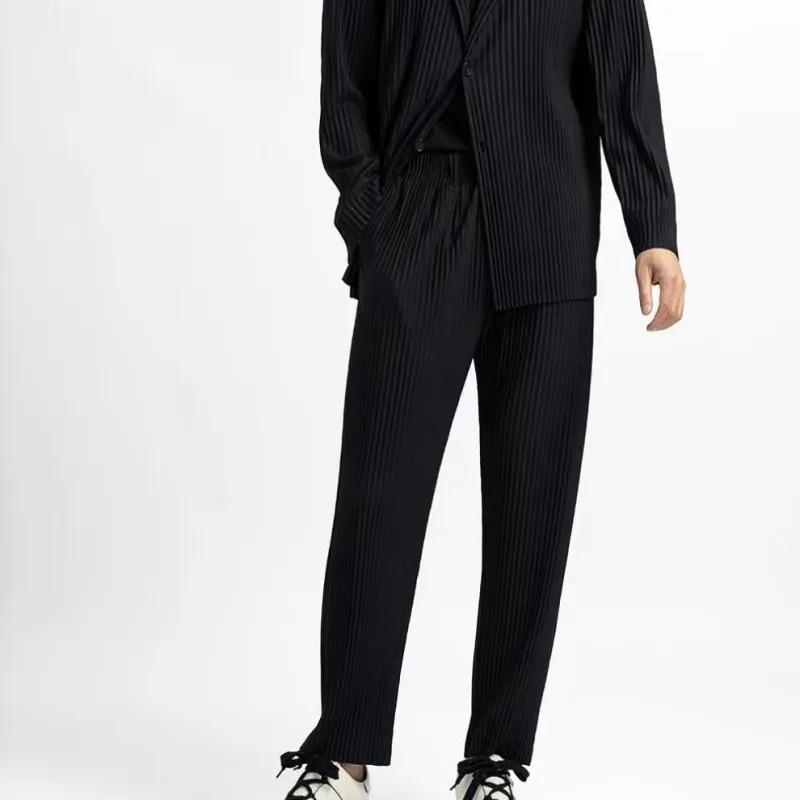 Miyake hommes été pantalon plissé décontracté plissé effilé neuf points pantalon cordon plissé confo