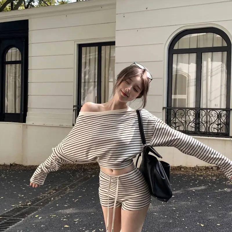 INS mode doux rayures épaule oblique à manches longues taille T-shirt femmes printemps été taille ha