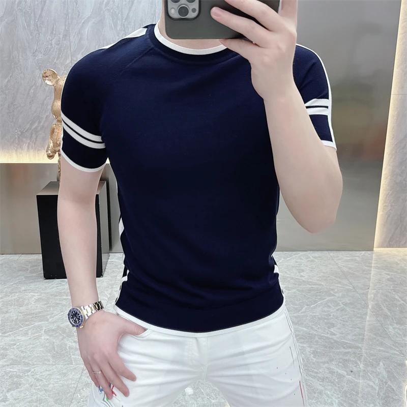 T-shirt d'été à rayures pour hommes T-shirt à col rond à manches courtes Ice InjShort T-shirt Slim F