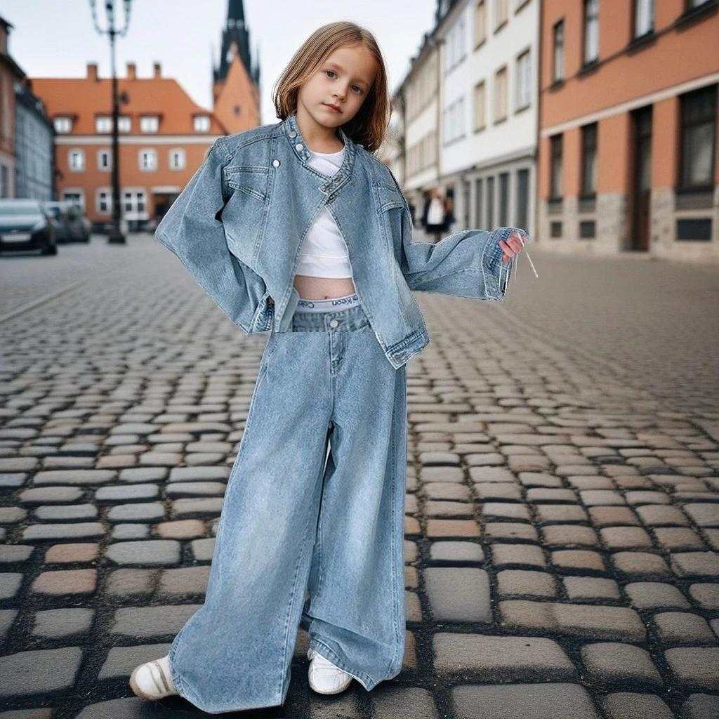 Ensemble de vêtements en Denim pour adolescentes, veste bleue + jean à jambes larges, 2 pièces, tenu