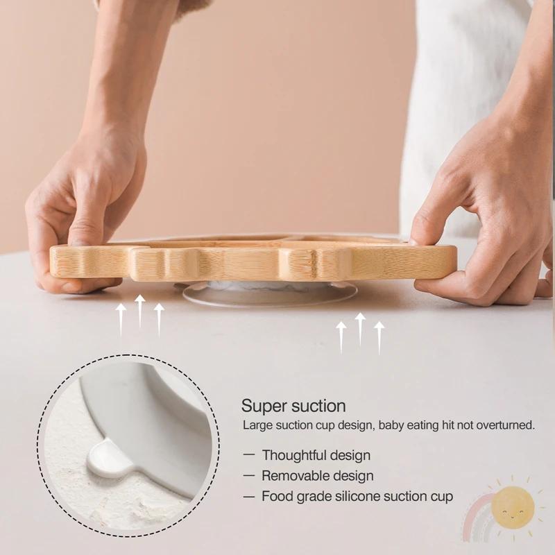Filles d'Alimentation en Bois de Bambou avec Ventouse en Silicone pour Bébé, Dinosaure de Dessin Ani