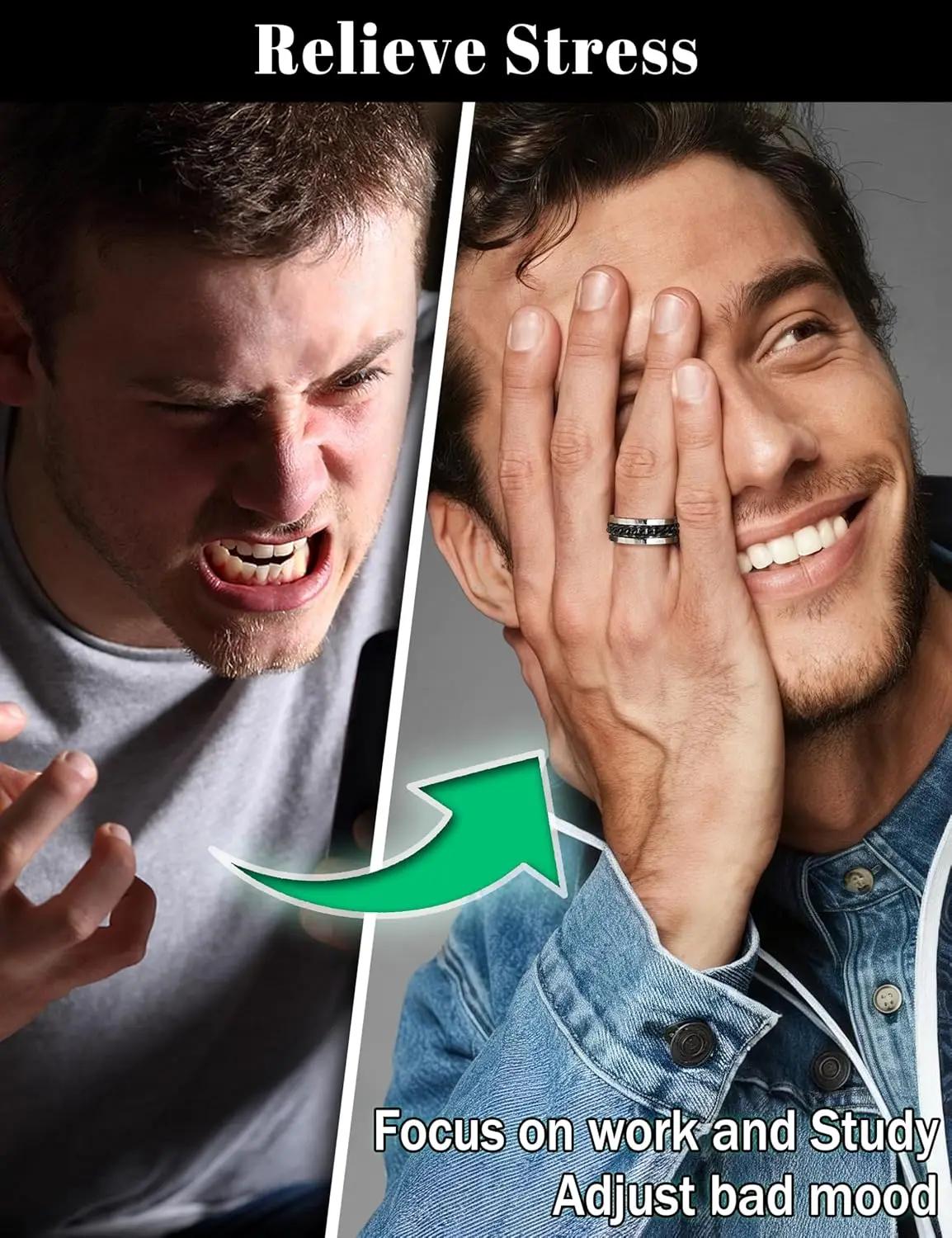 Bobisty 6 pièces anneaux Spinner noirs pour hommes femmes en acier inoxydable Fidget anxiété anti-St