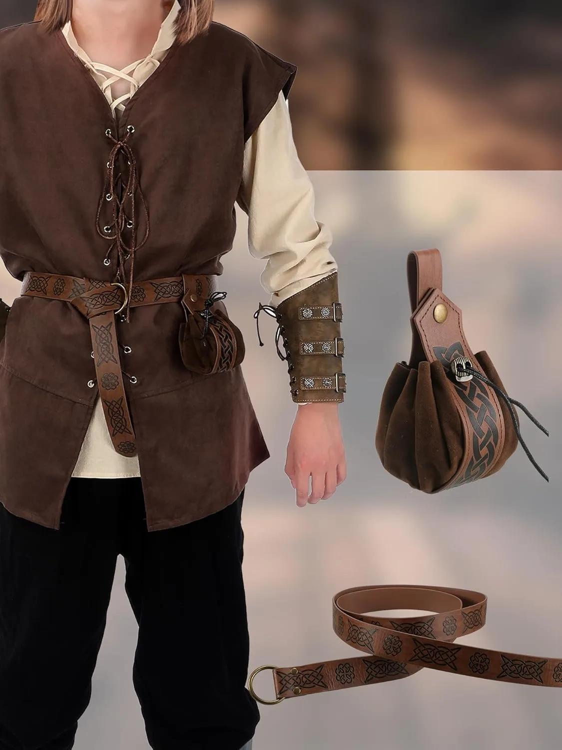 Ensemble de 6 pièces de costume de Renaissance pour homme pour Halloween : Gilet médiéval, chemise, 