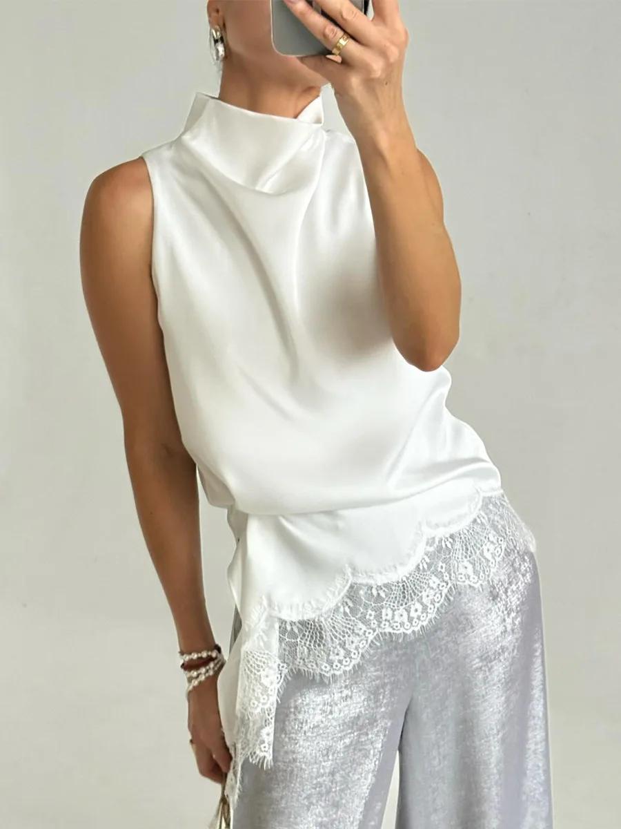 Robe Courte d'Été 2026 pour Femme en Satin à Col Montant, Silhouette Irrégulière, avec Bordure en De