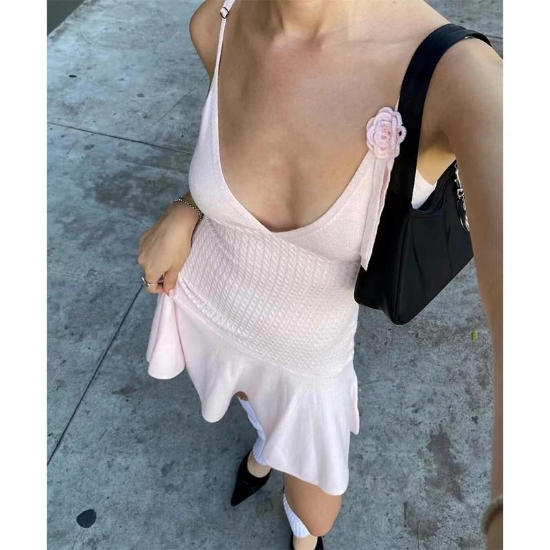 YENKYE-Mini robe en tricot à col en V pour femmes, appliques florales, mince, élégante, sexy, ligne 