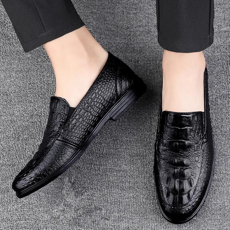 Chaussures décontractées en cuir véritable pour hommes, mocassins d'affaires formels, motif crocodil