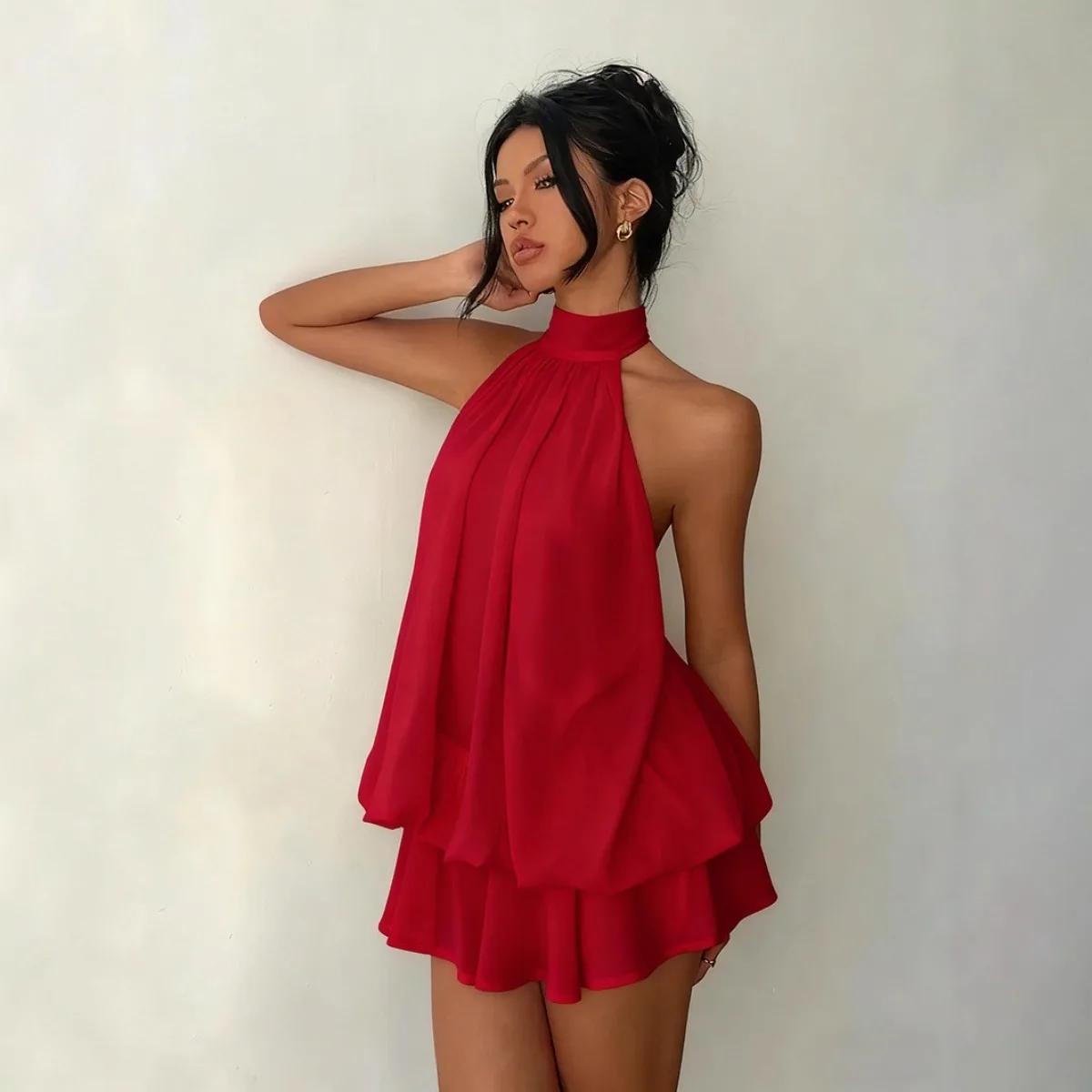 Robe licou pour femme, dos nu, en mousseline transparente, mini-jupe à nouer devant, robe de soirée 