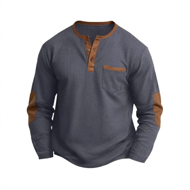 T-shirt Homme Nouvelle Collection Printemps-Automne en Coton Gaufré à Manches Longues et Col Henley 