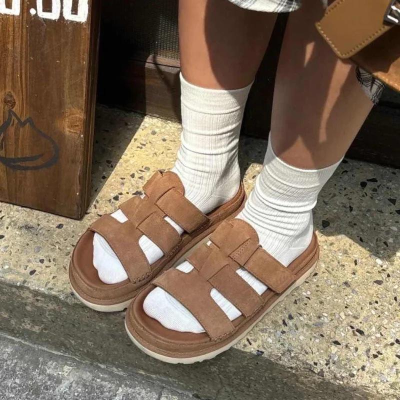 Sandales compensées décontractées en cuir de vachette givré à semelle épaisse pour femme – Idéales p