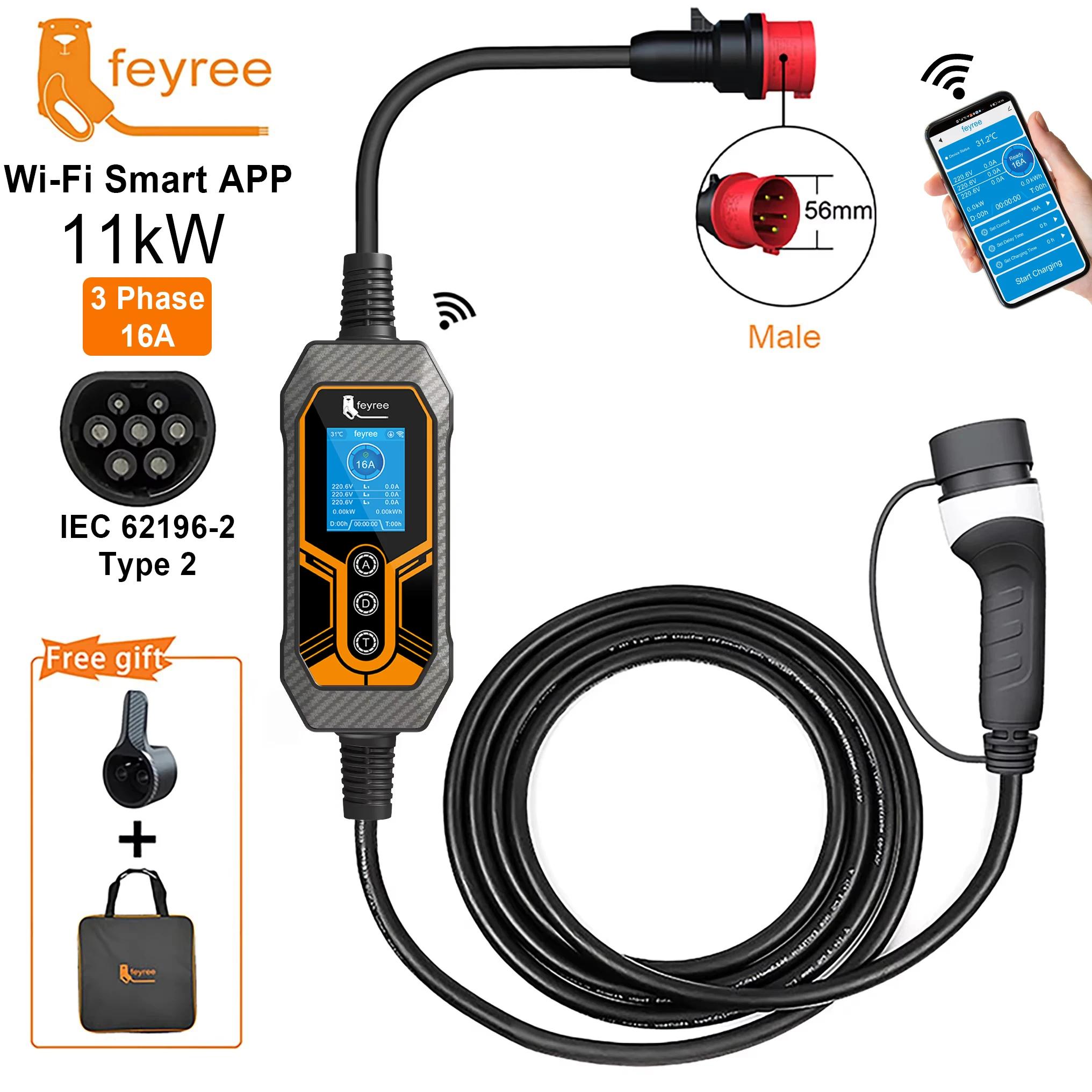 Feyree – chargeur EV Portable Type 2, 11kw, 16a, 3 phases, application Wi-Fi, Version Bluetooth, câb